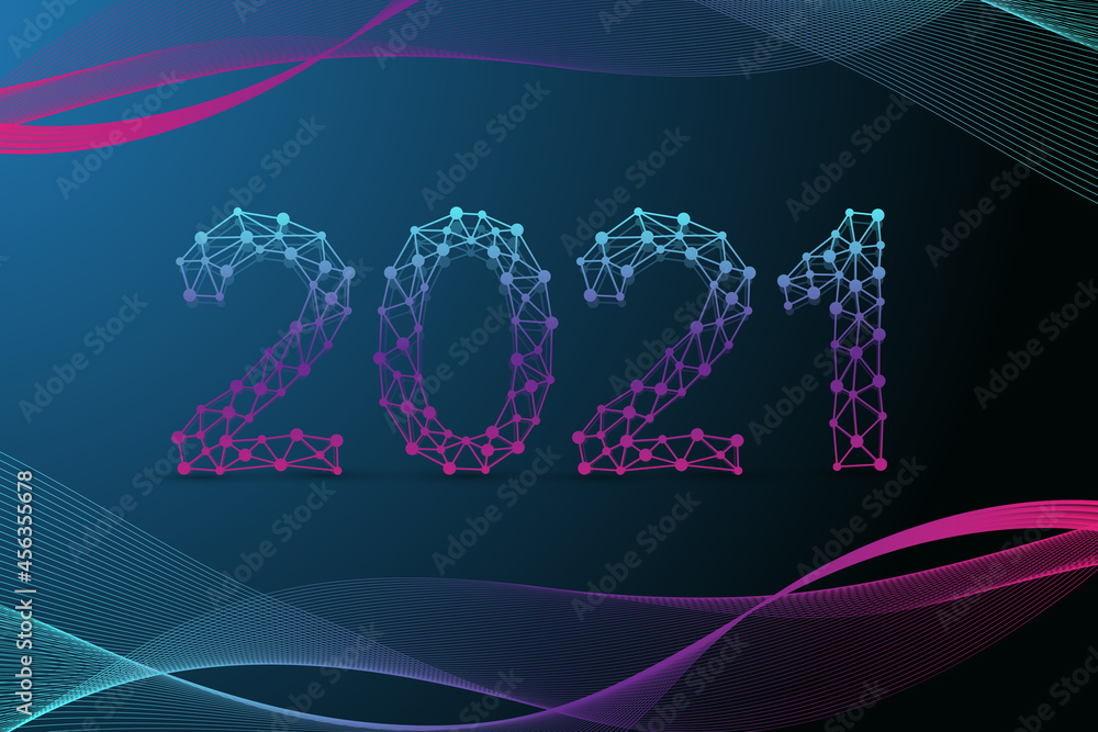 Poster text design christmas and happy new year 2021. graphic background communication 2021. connected line