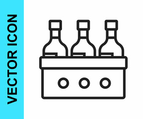 Black line Bottles of wine in a wooden box icon isolated on white background. Wine bottles in a wooden crate icon. Vector