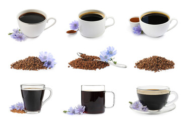 Set with chicory drink and granules on white background
