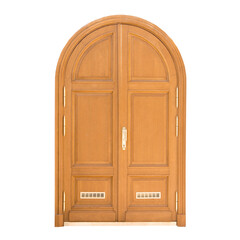 Old wooden door. Classic door for beautiful houses. Wooden antique gate isolated on a white background.