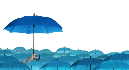 Person holding umbrella over other on white background