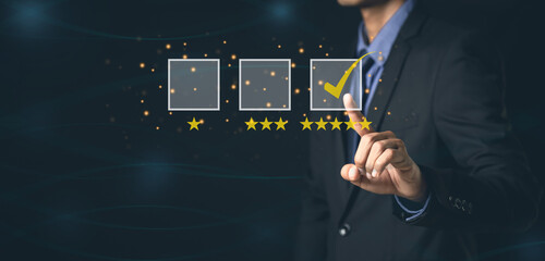 Customer Service and Satisfaction Concept Businessmen touch the virtual screen on happy smiley...