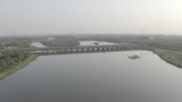 An aerial shot of the Yamuna Bridge during dawn at ITO in New Delhi,India
