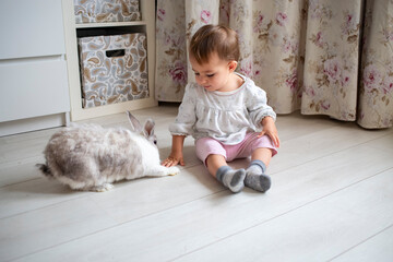 adorable baby playing with decorative rabbit at home