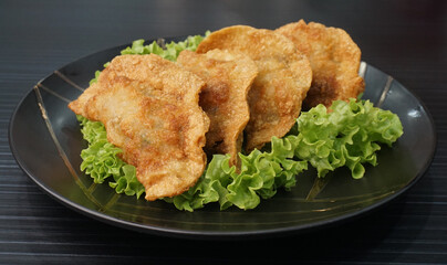 handmade deep fried and boiled pork meat dumpling wanton soup in plate on dark grey wood table asian dim sum halal food restaurant cuisine banquet menu for cafe