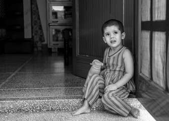 black and white portrait of cute asian baby girl.