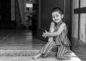 black and white portrait of cute asian baby girl.