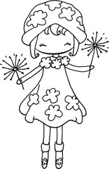 vector cartoon black and white girl with fireworks