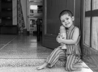 black and white portrait of cute asian baby girl.