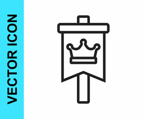 Black line Medieval flag icon isolated on white background. Country, state, or territory ruled by a king or queen. Vector