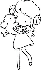 vector cartoon black and white girl with pet puppy