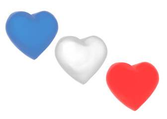 3D hearts isolated on white. Blue, white and red rendered hears as symbol of France. France tricolour.