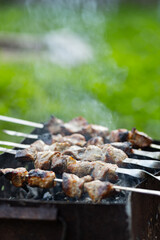 Meat is fried on skewers on the mangal. Barbecue meat on skewers in smoke. Grilled kebab cooking in a country house. Copy space