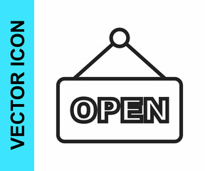 Black line Hanging sign with text Open door icon isolated on white background. Vector