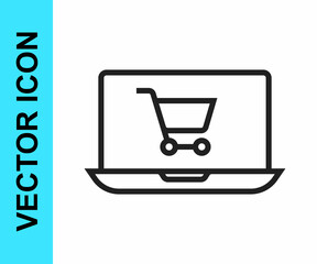 Black line Shopping cart on screen laptop icon isolated on white background. Concept e-commerce, e-business, online business marketing. Vector