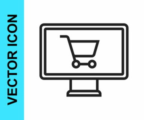 Black line Shopping cart on monitor icon isolated on white background. Concept e-commerce, e-business, online business marketing. Vector