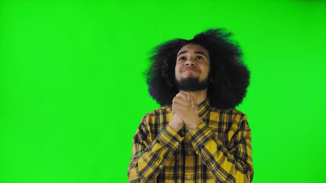 A young man with an African hairstyle on a green background crosses his fingers and prays. Emotions on a colored background.