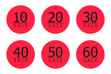 Set of red badges, special offer, discount 10-60%, vector illustration.