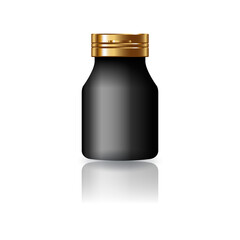 Blank black round supplements, medicine bottle with gold cap lid for beauty or healthy product.