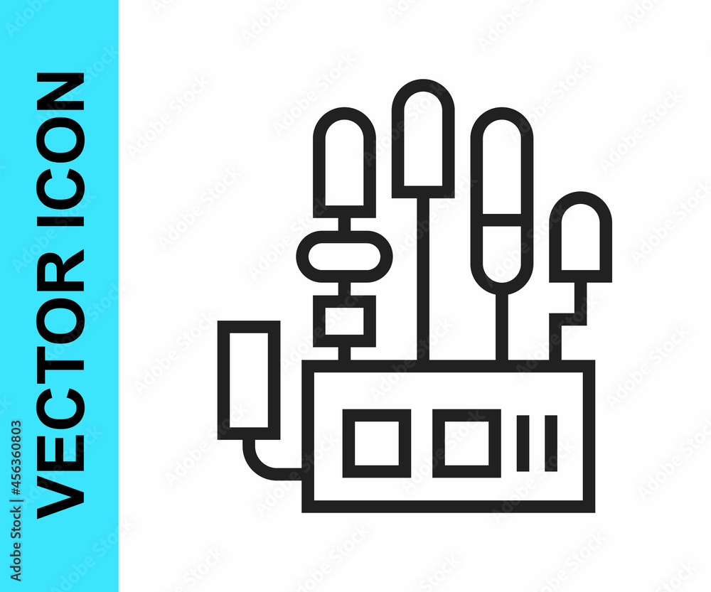 Poster black line mechanical robot hand icon isolated on white background. robotic arm symbol. technologica