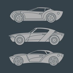 A set of super cars. Light silhouettes. Side view Vector illustration