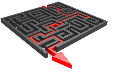 Maze with red arrow isolated on white background