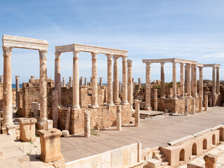 Leptis Magna theater ruins near the Mediterranean sea