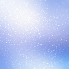 Light snowfall on blue defocus view background. Delicate airy textured template for winter design.