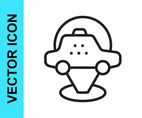 Black line Map pointer with taxi car icon isolated on white background. Location symbol. Vector