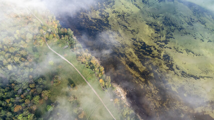 Aerial View from of the fog forest and the sea