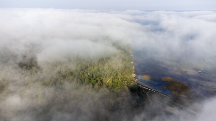 Fototapeta na wymiar Aerial View from of the fog forest and the sea