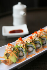 Delicious shrimp avocado sushi roll on a plate
