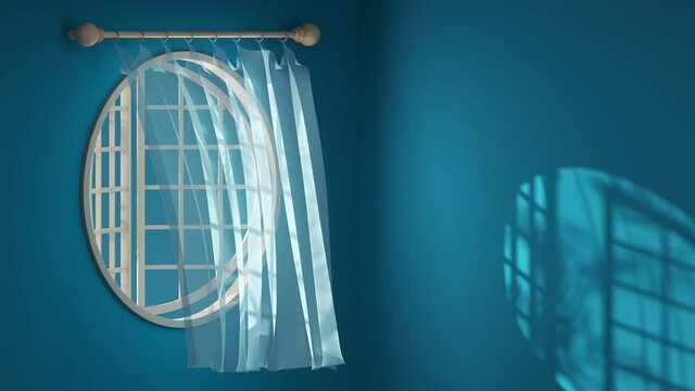 Loop animation of the blowing curtain, interior background, 3d rendering.