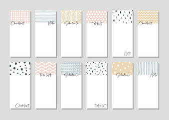 Set of planners and to do list with hand drawn pattern. Template for agenda, schedule, planners, checklists, notebooks, cards and other stationery.