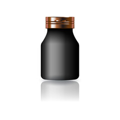 Blank black round supplements, medicine bottle with copper cap lid for beauty or healthy product.