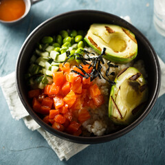 Healthy rice bowl with salmon and grilled avocado