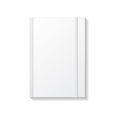 Blank white book or notebook with white elastic top view mockup template.