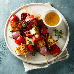 Vegetable skewers with halloumi cheese