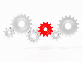 Many gray connecting gear cogs of different sizes and singe red cog isolated on white background; teamwork and cooperation concept with red leader; flat lay; 3d rendering, 3d illustration