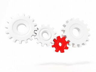 Many white connecting gear cogs and singe red cog isolated on white background; teamwork and cooperation concept with red leader; perspective view; 3d rendering, 3d illustration