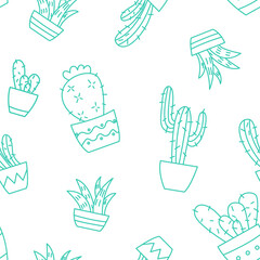 Vector seamless pattern with different cactus and succulents. Outline illustration.
