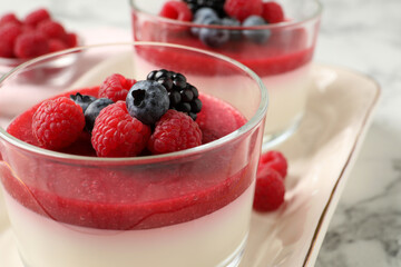 Delicious panna cotta with fruit coulis and fresh berries served on white marble table, closeup