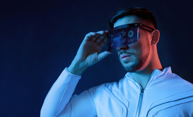 Progress bar loading. Man with futuristic tablet in hand. Guy using VR glasses. Augmented reality,...