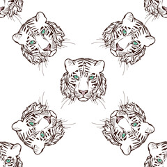 Seamless pattern with White tigers faces on white. Hand-drawn vector illustration. Animal art background.