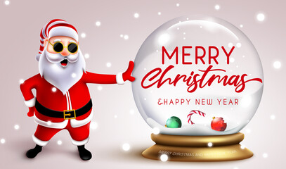 Christmas santa greeting vector concept design. Merry Christmas text with santa claus character standing with crystal glass ball for xmas card decor. Vector illustration.
