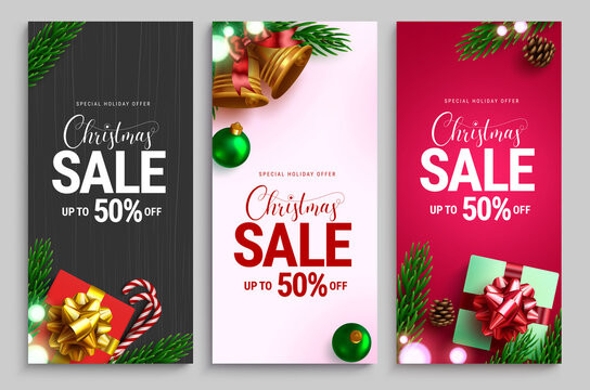 Christmas sale vector poster set. Christmas sale holiday offer text with up to 50% promo discount for xmas seasonal shopping advertisement banner collection. Vector illustration.
