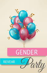 beige background with blue and pink balls with gold ribbons and serpentine. Congratulations or invitation to the "gender revear party". Congratulations on the birth of a son or daughter