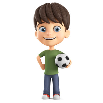 Cheerful cartoon character of a little boy in a green T-shirt holding a soccer ball on a white background. 3D rendering. Children's illustration.