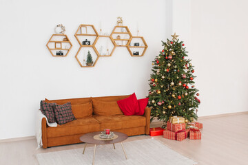 Scandinavian living room interior with christmas decorations and gifts in red paper