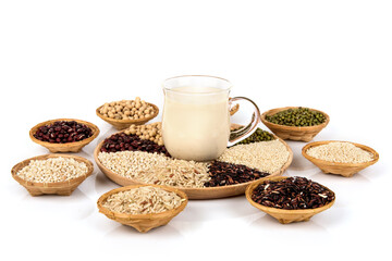 Tofu juice and whole grains isolated on white surface.